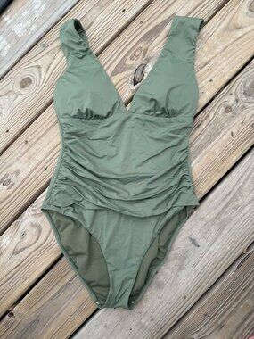 Olive Green Cutout One Piece Cheeky Minimalist Coastal Chic 3286 size womens L
